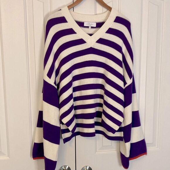 REVOLVE L'Acadamie Raddix oversized sweater Purple and cream Bell Sleeve Striped - Picture 2 of 9